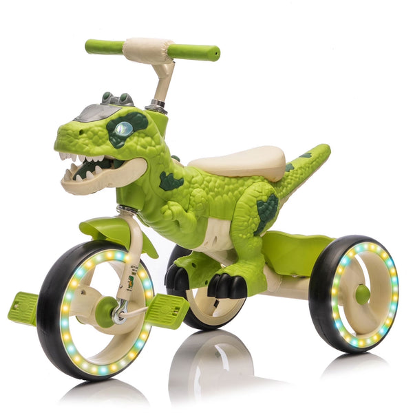 Xuanlur Kids Ride on Dinosaur Tricycle, Toddlers Kid Trike with Wide Flash Wheels, Anti - Slip Pedals, Rear Basket, Music & LED Lights, Toddler Bike